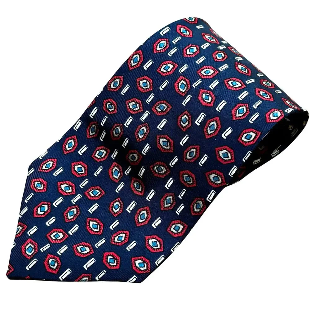 Oscar de la Renta all silk men's neck tie navy blue & red geometric pattern